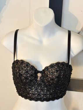 Black Beaded Lace Bustier Crop Top - Women Intimates